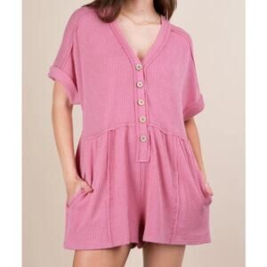 Very J Pink Ribbed Knit Button Down Dolman Sleeve Romper Pocket Comfy Medium NWT